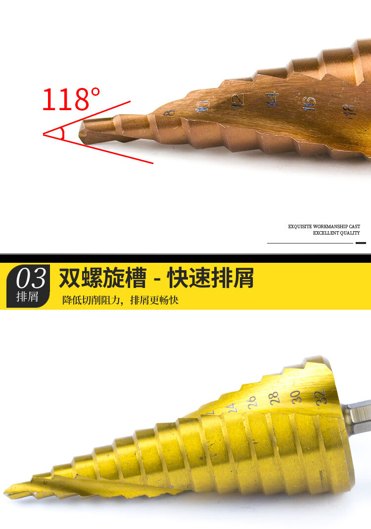 海斯迪克万能宝塔钻头HKCL-8 十五阶六角柄4241螺旋4-32mm 1个
